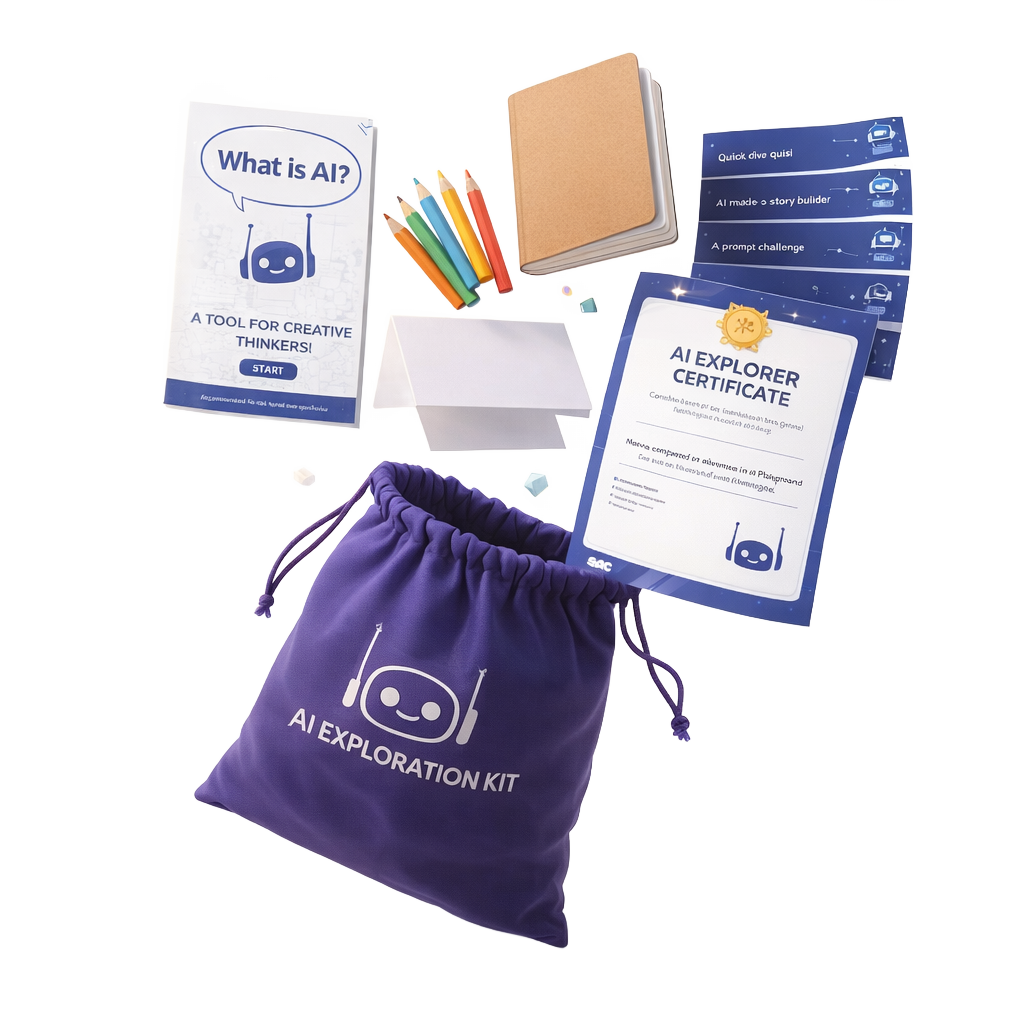 AI Exploration Kit with materials and a purple drawstring bag on a white background