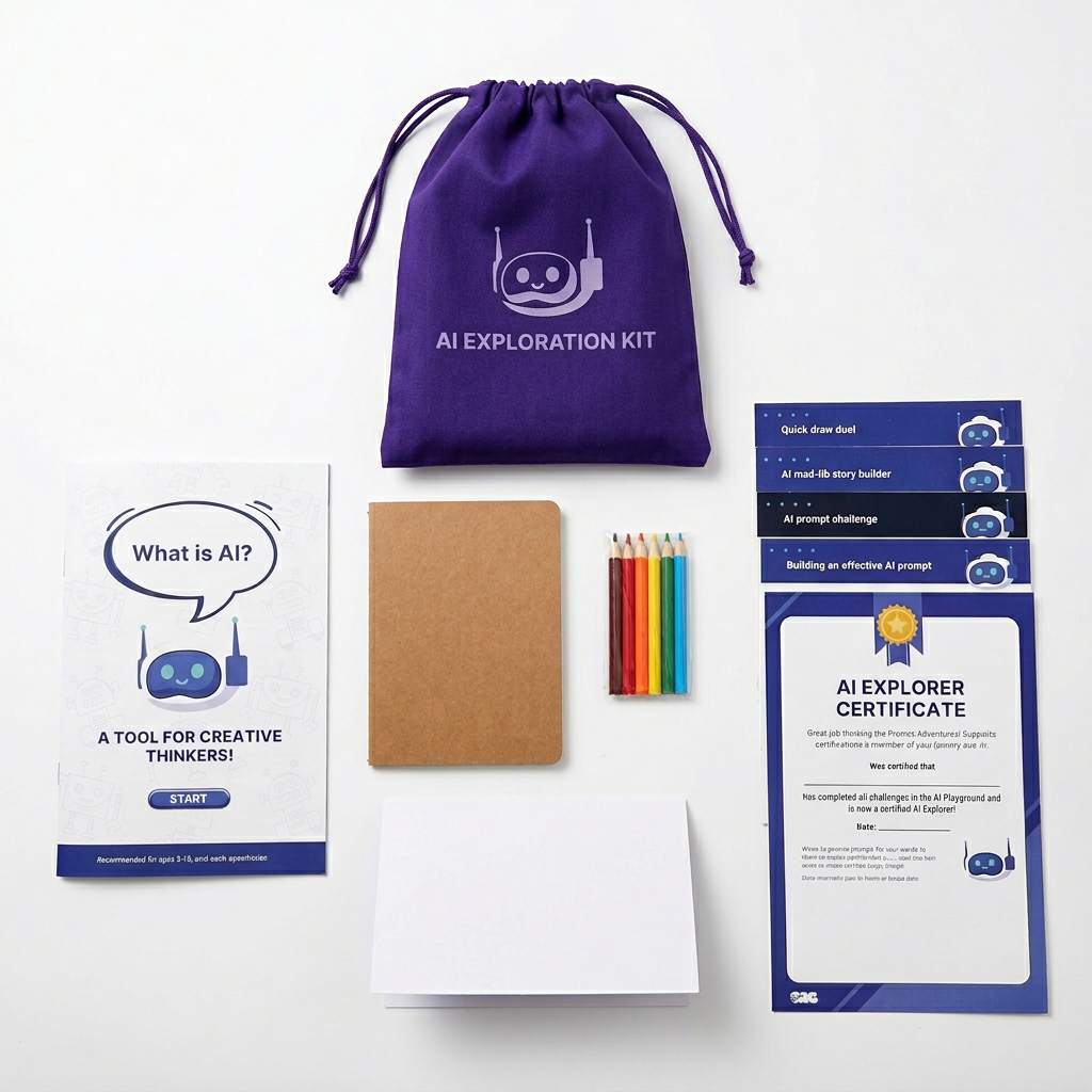 AI Exploration Kit with purple drawstring bag, notebook, colored pencils, and certificate on a white background