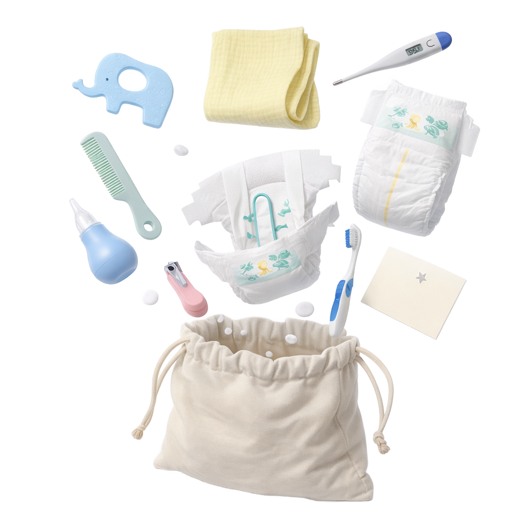 Collection of baby care items including diapers, a thermometer, and a bag on a white background