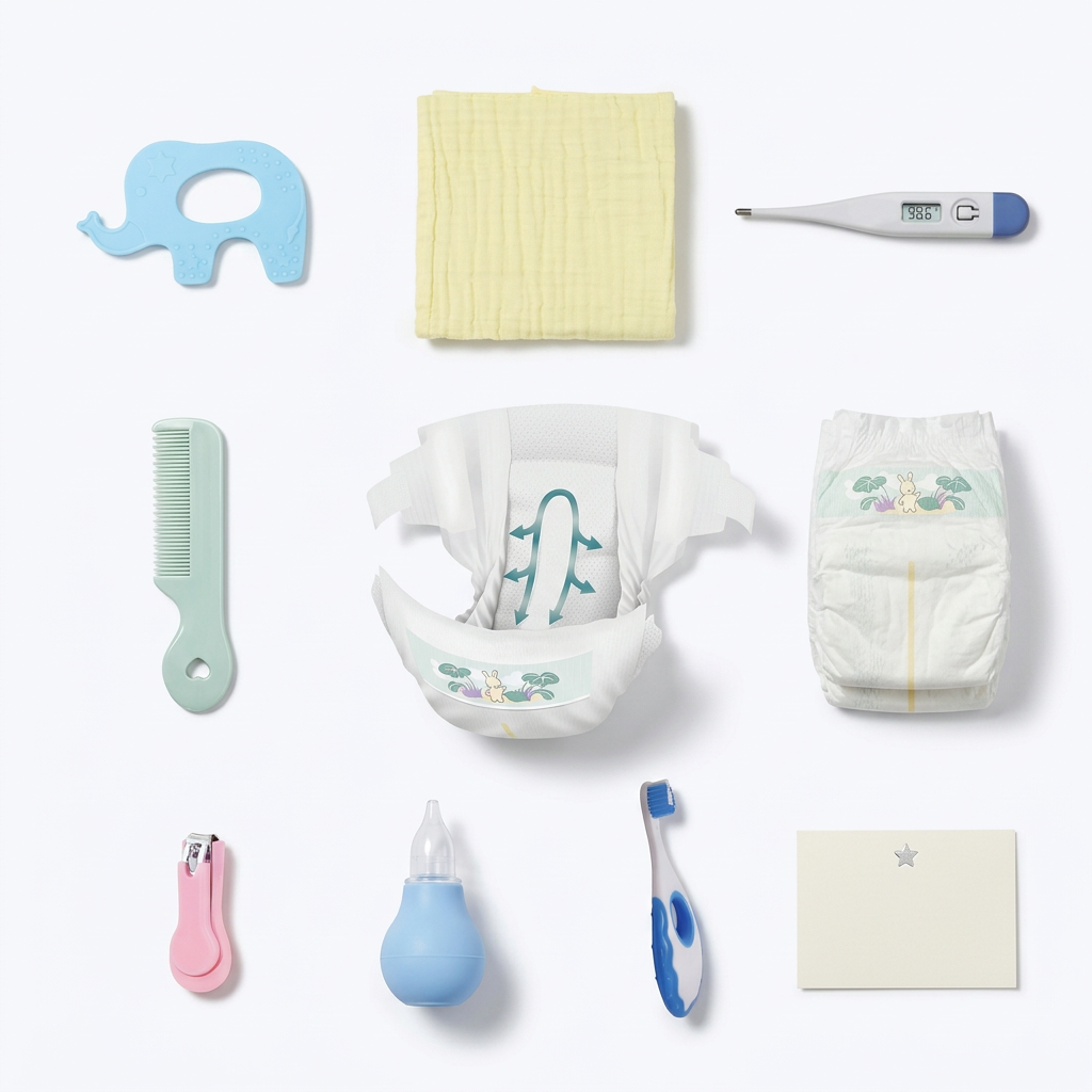 Collection of baby care items including diapers, a comb, thermometer, and other tools on a white background.