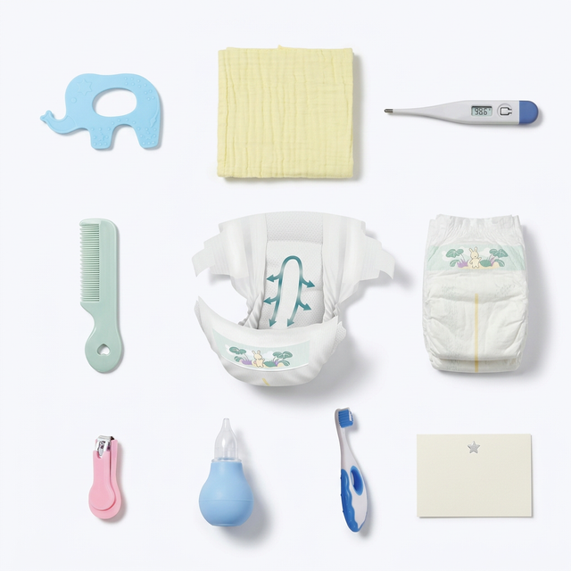 Collection of baby care items including diapers, a comb, thermometer, and other tools on a white background.