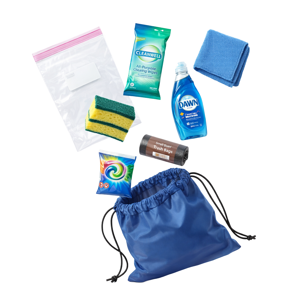 Collection of cleaning supplies including a blue drawstring bag, cleaning wipes, sponges, and bottles on a white background.