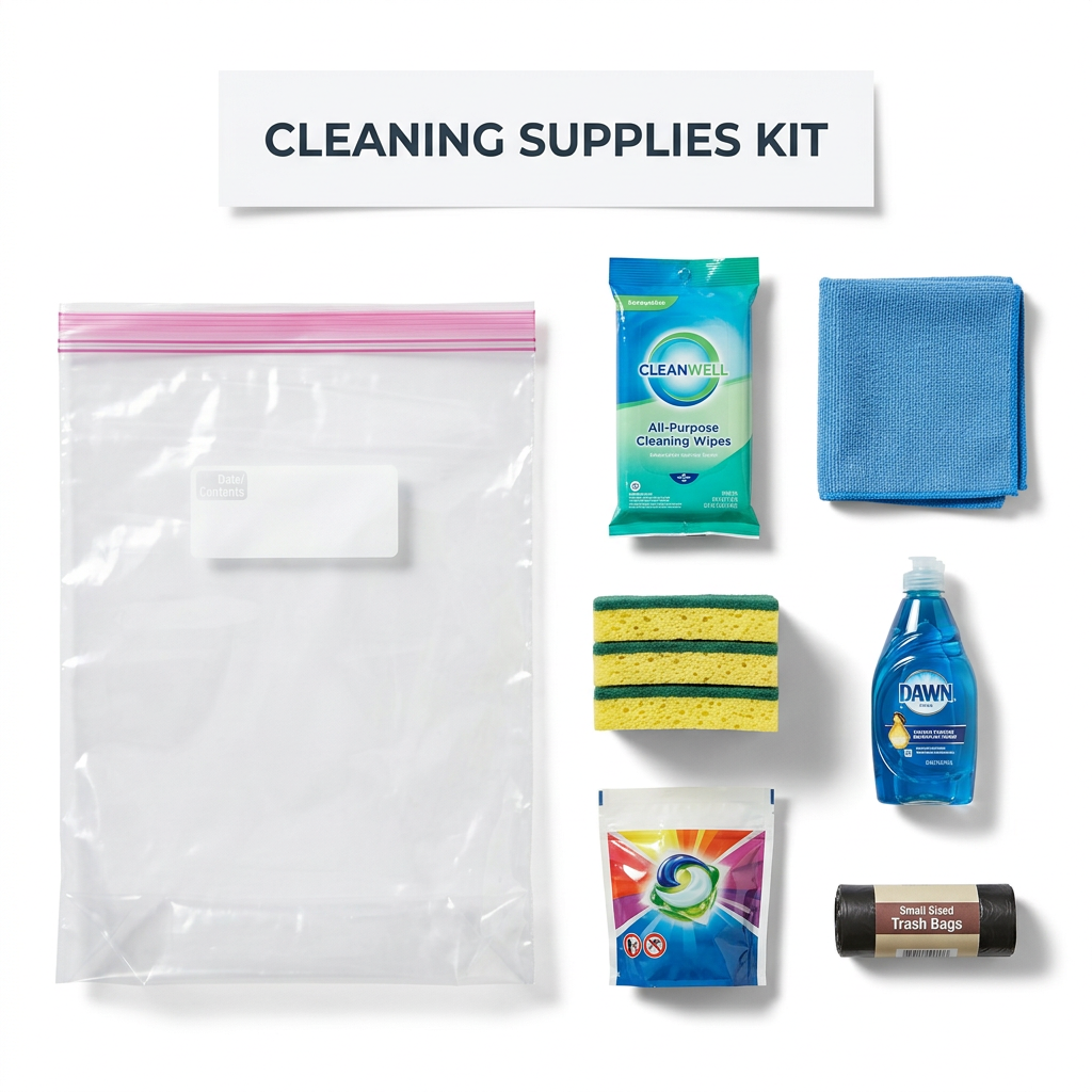 Cleaning supplies kit with various cleaning items on a white background