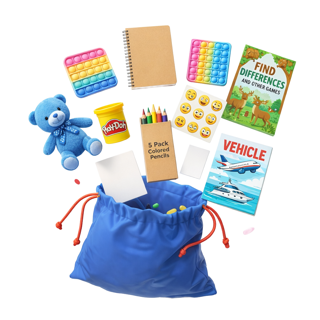 Collection of educational and toys items including a blue drawstring bag, teddy bear, fidget toys, coloring books, and stationery on a white background.