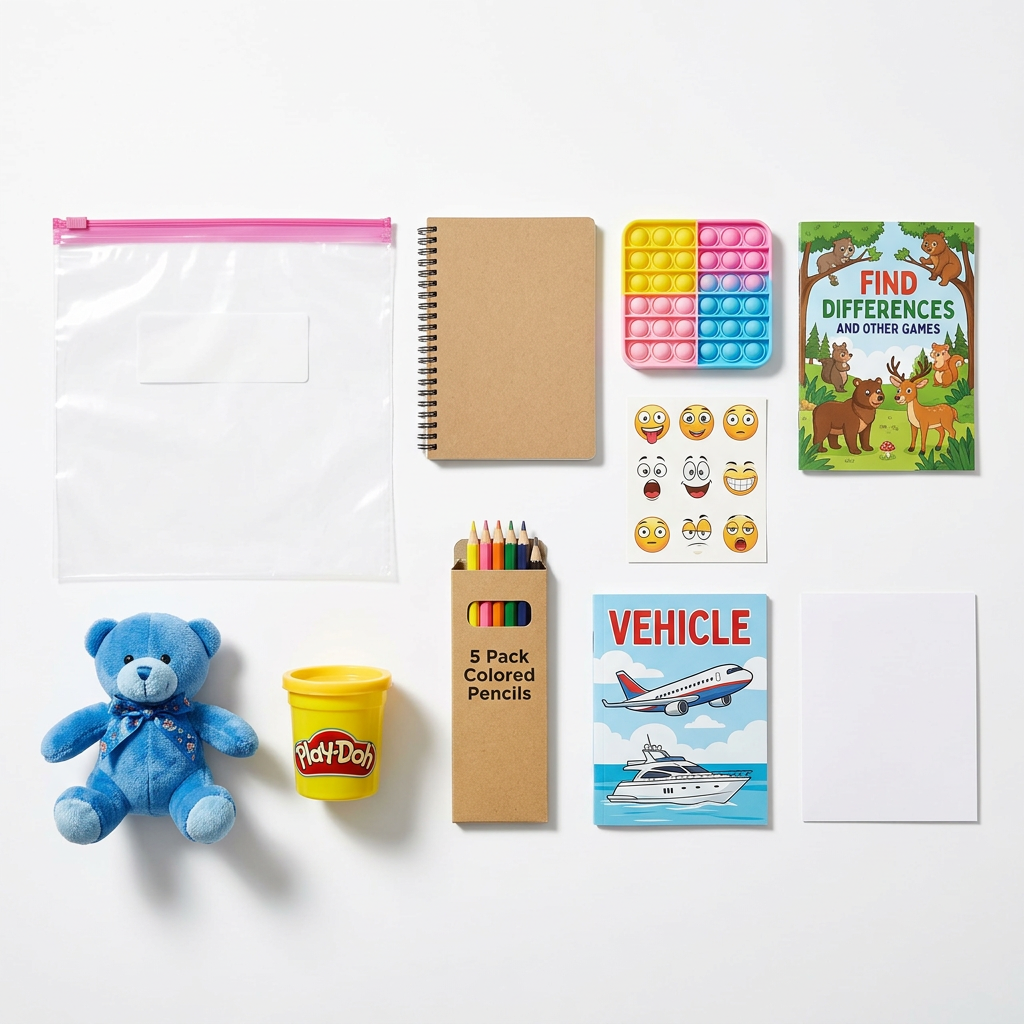 Assorted children's items including a teddy bear, coloring books, and toys on a white background