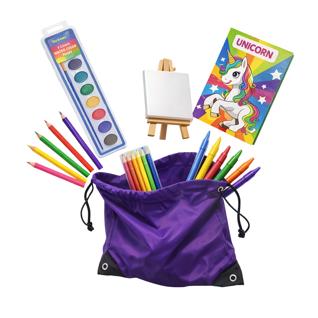 Art supplies including colored pencils, watercolor set, easel, and a unicorn-themed notebook in a purple drawstring bag.