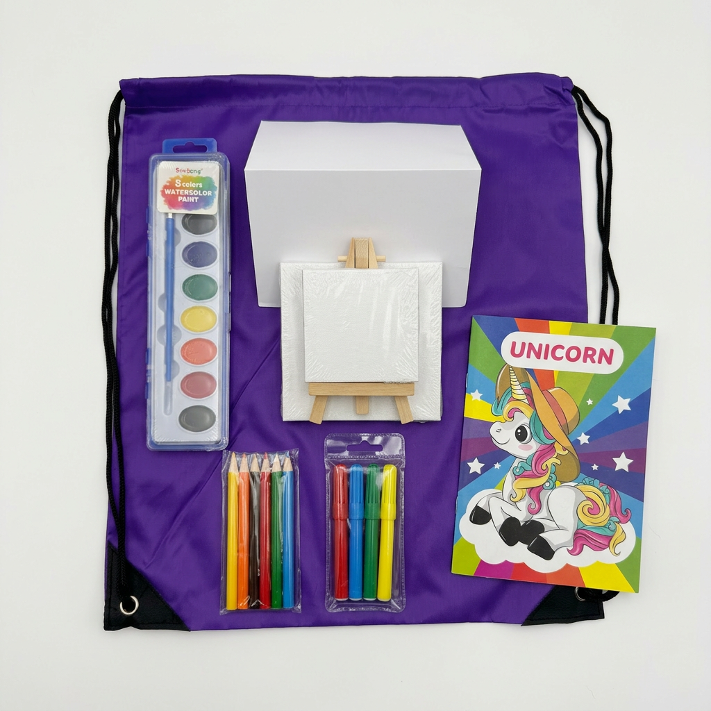 Art supplies including a purple drawstring bag, paintbrushes, watercolor set, and art easel on a white background.