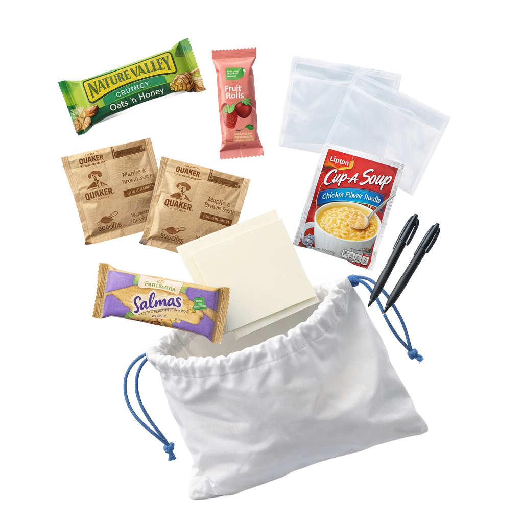 Assorted food items including Nature Valley bars, Quaker products, and a Salmas bar, with a white drawstring bag on a white background.