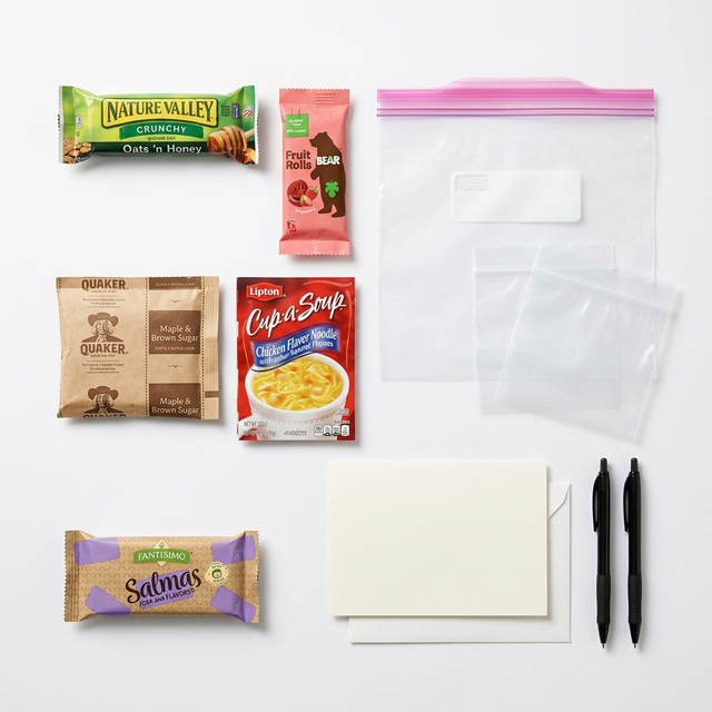 Assorted snacks and office supplies on a white background