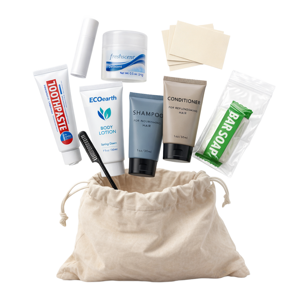 Collection of toiletries including toothpaste, body lotion, shampoo, conditioner, and a bar of soap in a drawstring bag on a white background.