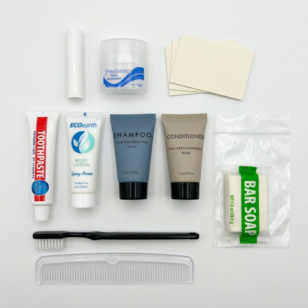 Collection of toiletries including toothpaste, body lotion, shampoo, conditioner, a bar of soap, and a comb on a white background.