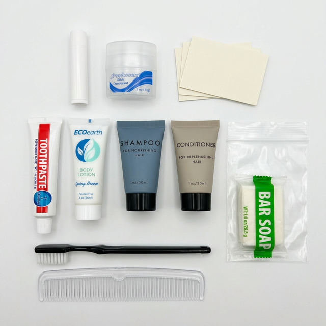 Collection of toiletries including toothpaste, body lotion, shampoo, conditioner, a bar of soap, and a comb on a white background.