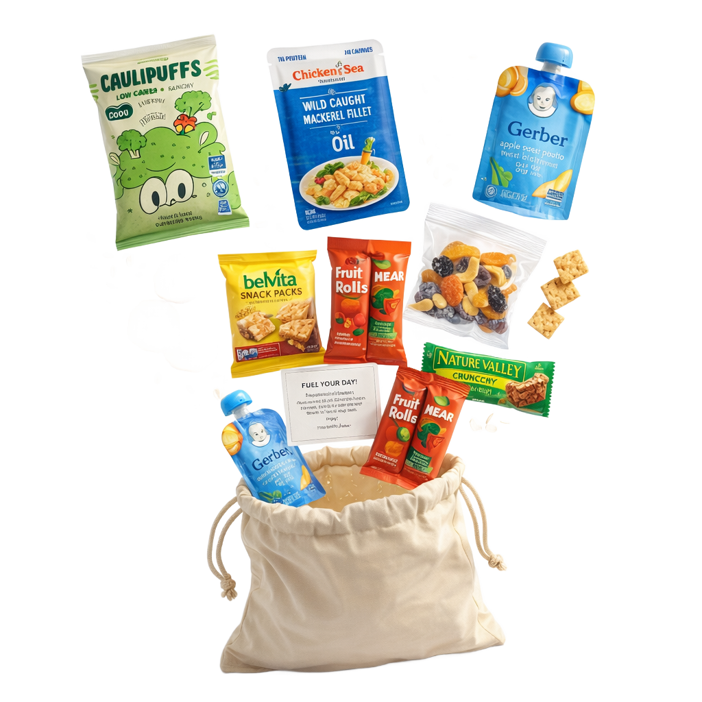 Assorted snack packages including Caulipuffs, Chicken McNuggets, Gerber products, and Nature Valley bars in a drawstring bag on a white background.