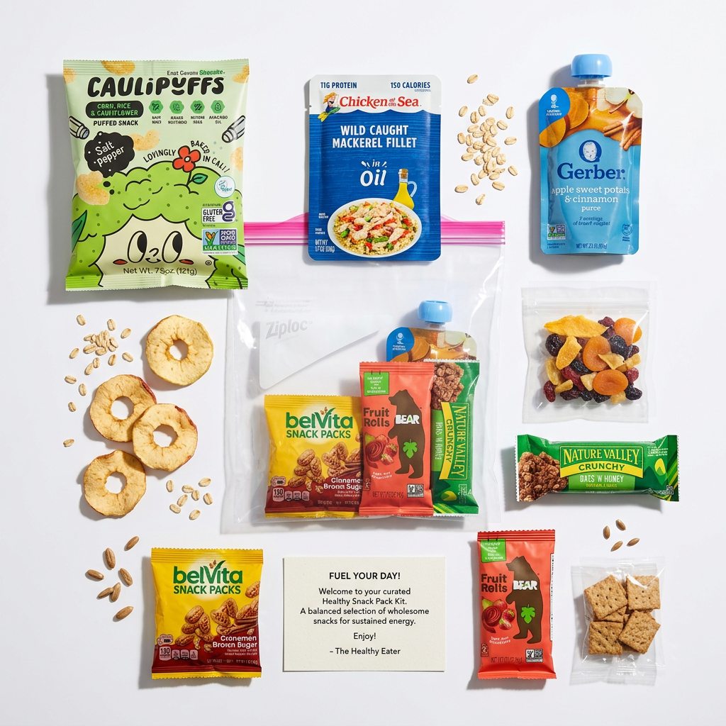 Assorted snack packages including CauliPuffs, Chicken Sea, Gerber, and Nature Valley on a white background.
