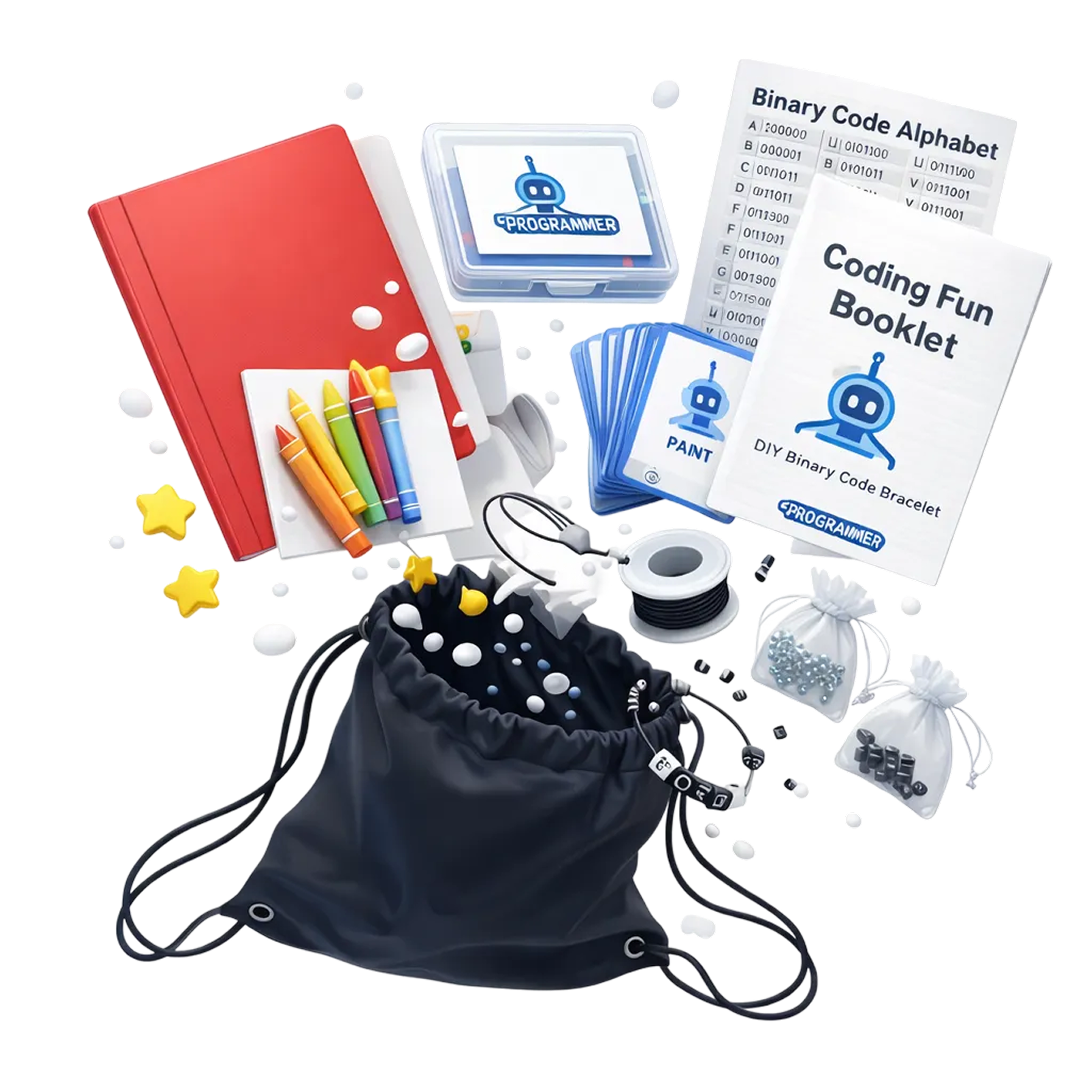 Educational coding kit with materials and a drawstring bag on a white background