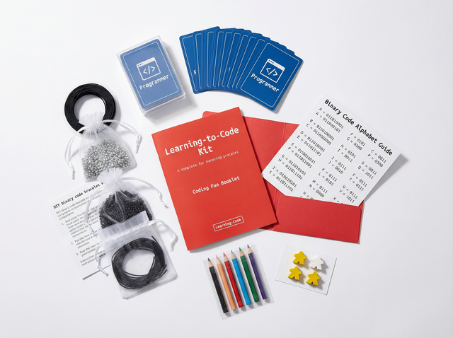 Learning-to-code kit with books, cards, and coding materials on a white background