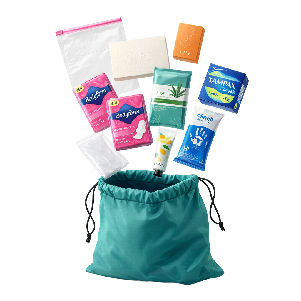 Collection of women's hygiene products including pads, tampons, and wipes in a teal drawstring bag on a white background.