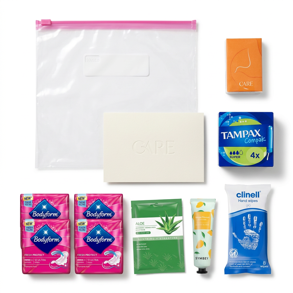 Collection of personal care products including a white pouch, Tampax box, and various other items on a white background.