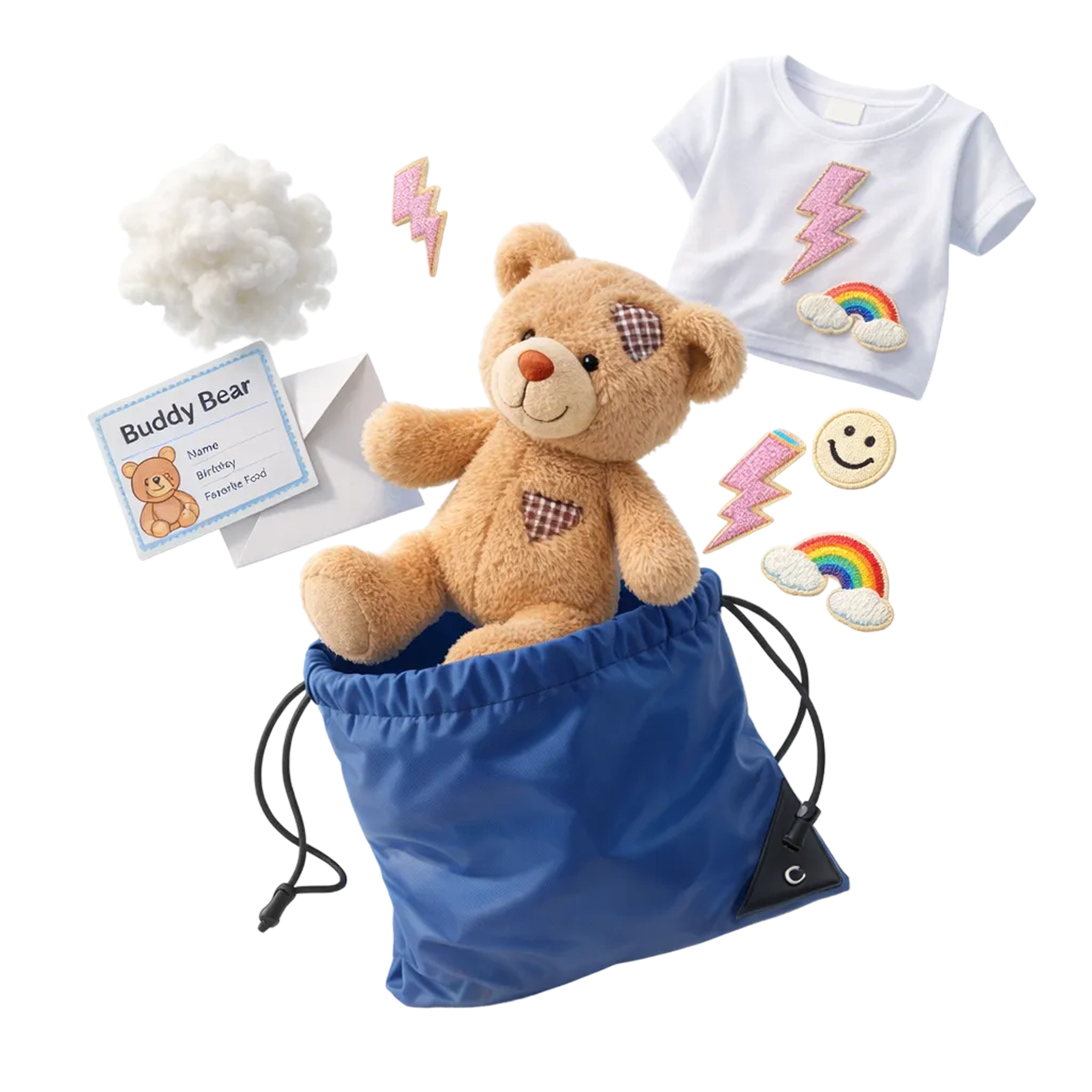 Buddy Bear with blue drawstring bag, t-shirt, and accessories on a white background