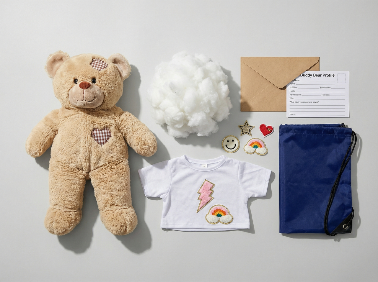 Teddy bear, t-shirt with designs, cloud, envelope, and blue drawstring bag on a light gray background